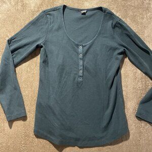 Eddie Bauer Shirt Womens Medium Henley Blue Waffle Knit Long Sleeve Thermal